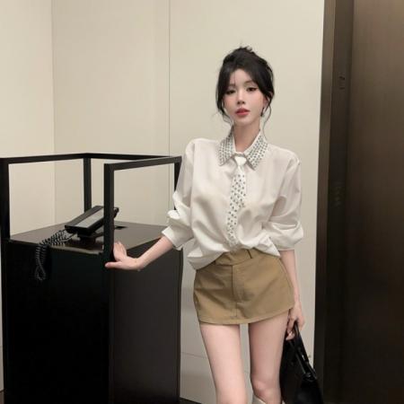 FA54418# 春季新款洋气御姐风重工水钻宽松衬衫配领带长袖上衣  服裝批發女裝批發服飾貨源