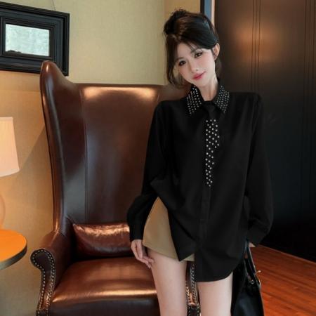 FA54418# 春季新款洋气御姐风重工水钻宽松衬衫配领带长袖上衣  服裝批發女裝批發服飾貨源