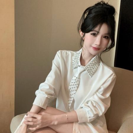FA54418# 春季新款洋气御姐风重工水钻宽松衬衫配领带长袖上衣  服裝批發女裝批發服飾貨源