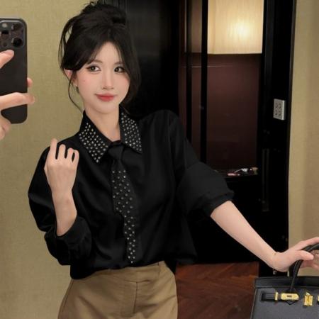 FA54418# 春季新款洋气御姐风重工水钻宽松衬衫配领带长袖上衣  服裝批發女裝批發服飾貨源