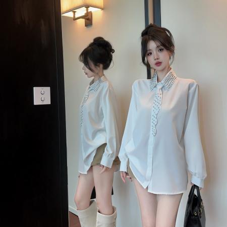 FA54418# 春季新款洋气御姐风重工水钻宽松衬衫配领带长袖上衣  服裝批發女裝批發服飾貨源