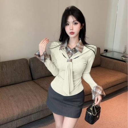 FA54419# 法式甜美俏皮撞色格子拼接设计棉质面料春季新款  服裝批發女裝批發服飾貨源