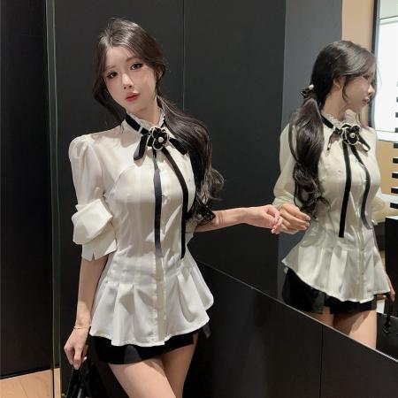 FA54420# 宫廷风白色衬衫精致立领花朵飘带收腰显瘦衬衣  服裝批發女裝批發服飾貨源