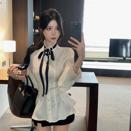 FA54420# 宫廷风白色衬衫精致立领花朵飘带收腰显瘦衬衣  服裝批發女裝批發服飾貨源