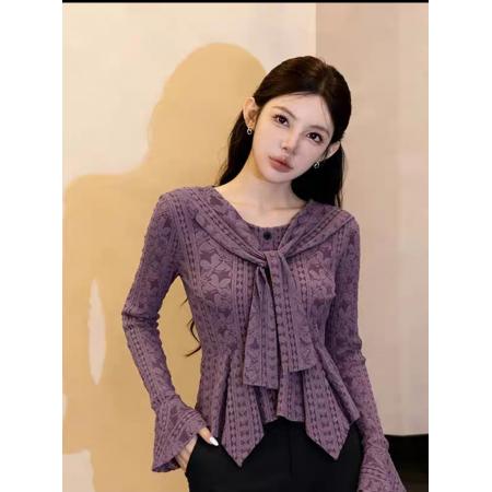 FA54421# 超好看法式紫色披肩蕾丝上衣女新款春季独特漂亮收腰内搭衬衣  服裝批發女裝批發服飾貨源