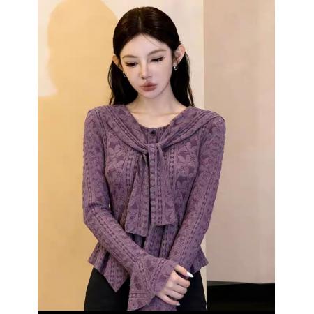 FA54421# 超好看法式紫色披肩蕾丝上衣女新款春季独特漂亮收腰内搭衬衣  服裝批發女裝批發服飾貨源
