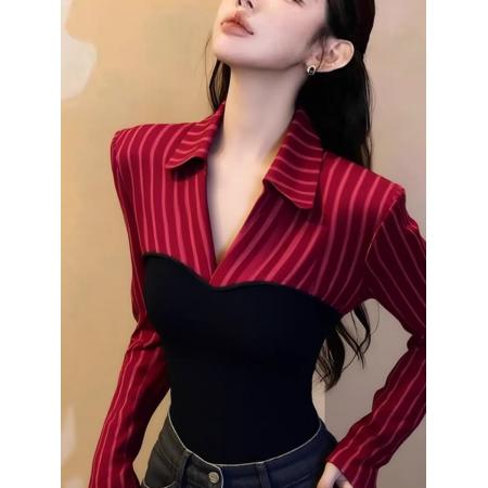 FA54423# 过年红色条纹拼接衬衫女冬轻奢高级感重要场合绝美巨好看掐腰上衣  服裝批發女裝批發服飾貨源