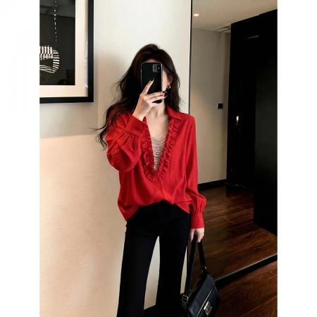 FA54424# 甜酷轻熟风红色衬衫显瘦V领通勤百搭长袖显瘦上衣高级冬季女  服裝批發女裝批發服飾貨源