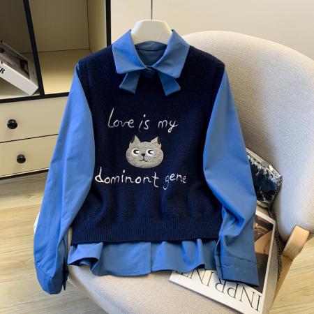 FA54425# 春季新款学院风小猫刺绣设计感小众洋气衬衫+马甲两件套女  服裝批發女裝批發服飾貨源