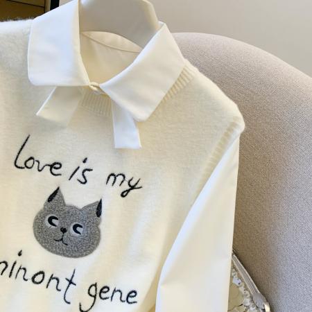 FA54425# 春季新款学院风小猫刺绣设计感小众洋气衬衫+马甲两件套女  服裝批發女裝批發服飾貨源