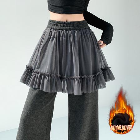 FA54426# 加绒羊绒网纱拼接屁帘微喇裤女冬季高腰显瘦休闲拖地喇叭裤  服裝批發女裝批發服飾貨源