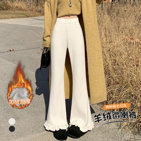 FA54427# 加绒加厚羊绒木耳边微喇裤女冬季高腰显瘦休闲拖地喇叭裤  服裝批發女裝批發服飾貨源