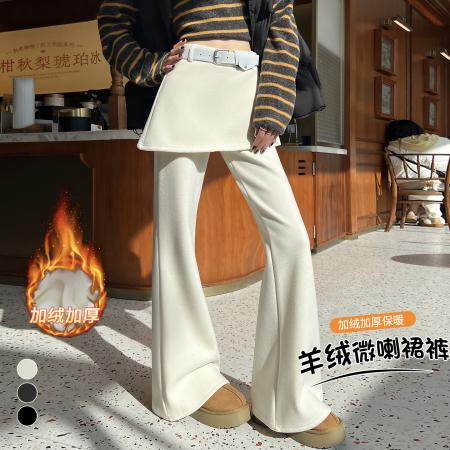 FA54428# 加绒羊绒假两件屁帘微喇裤女冬季高腰显瘦休闲拖地喇叭裤  服裝批發女裝批發服飾貨源