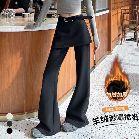 FA54428# 加绒羊绒假两件屁帘微喇裤女冬季高腰显瘦休闲拖地喇叭裤  服裝批發女裝批發服飾貨源