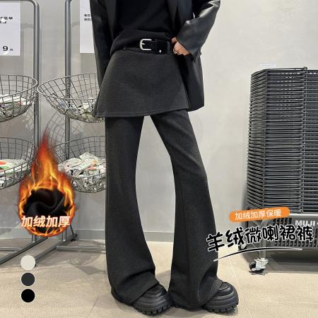 FA54428# 加绒羊绒假两件屁帘微喇裤女冬季高腰显瘦休闲拖地喇叭裤  服裝批發女裝批發服飾貨源