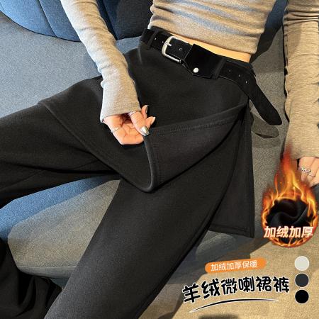 FA54428# 加绒羊绒假两件屁帘微喇裤女冬季高腰显瘦休闲拖地喇叭裤  服裝批發女裝批發服飾貨源