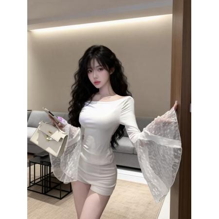 FA54429# 春款纯欲性感辣妹风蕾丝扇形喇叭袖修身T恤上衣女  服裝批發女裝批發服飾貨源