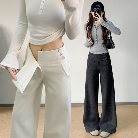 FA54430# 侧边纽扣毛呢西装阔腿女百褶新款垂感高腰休闲直筒拖地裤  服裝批發女裝批發服飾貨源