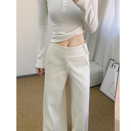 FA54430# 侧边纽扣毛呢西装阔腿女百褶新款垂感高腰休闲直筒拖地裤  服裝批發女裝批發服飾貨源