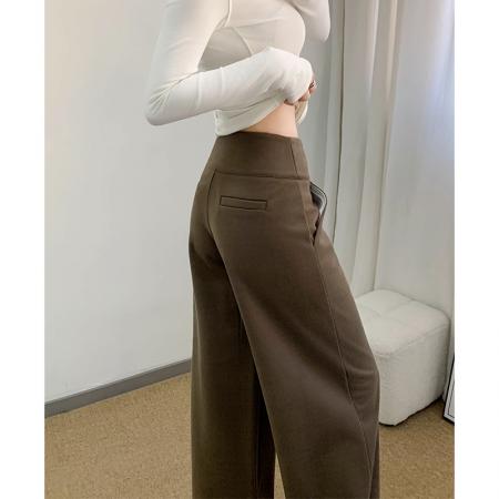 FA54430# 侧边纽扣毛呢西装阔腿女百褶新款垂感高腰休闲直筒拖地裤  服裝批發女裝批發服飾貨源