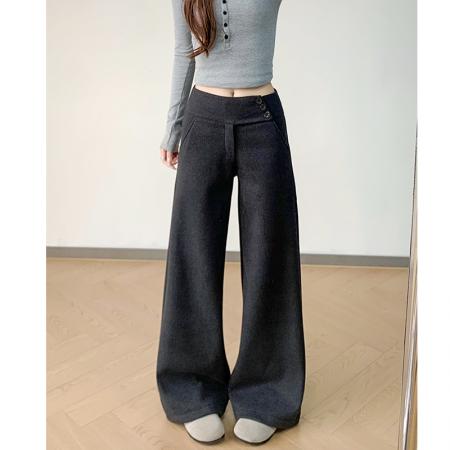 FA54430# 侧边纽扣毛呢西装阔腿女百褶新款垂感高腰休闲直筒拖地裤  服裝批發女裝批發服飾貨源