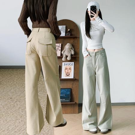 FA54431# 纯棉工装裤春款阔腿卫裤女工装新款垂感高腰休闲直筒裤子  服裝批發女裝批發服飾貨源