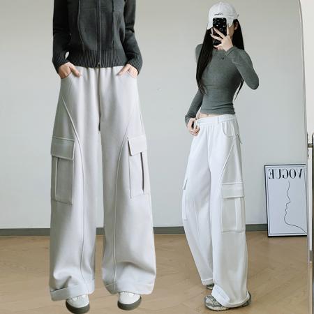 FA54432# 春工装裤哈伦束脚高腰棉裤休闲中裤松紧腰薄款百褶运动  服裝批發女裝批發服飾貨源