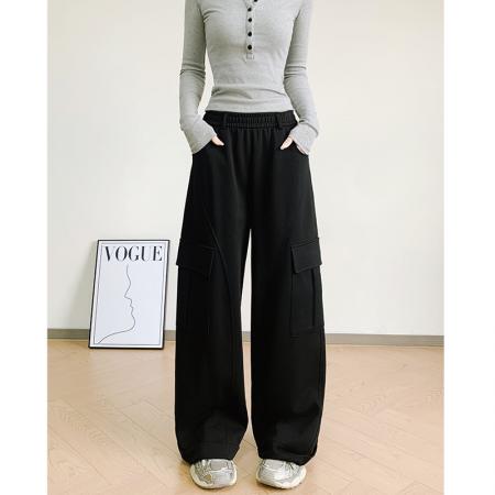 FA54432# 春工装裤哈伦束脚高腰棉裤休闲中裤松紧腰薄款百褶运动  服裝批發女裝批發服飾貨源