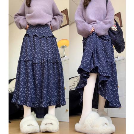 FA54434# 复古小碎花半身裙女夏季中长款韩系高腰显瘦蓬蓬裙蛋糕裙伞裙  服裝批發女裝批發服飾貨源