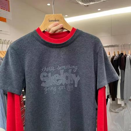 FA54435# 韩国春季新款字母印花拼接红色长袖假两件磨毛T恤女欧货上衣  服裝批發女裝批發服飾貨源