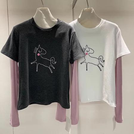 FA54436# 东大门春季钉扣子小马刺绣拼接长袖假两件T恤女欧货精致上衣  服裝批發女裝批發服飾貨源