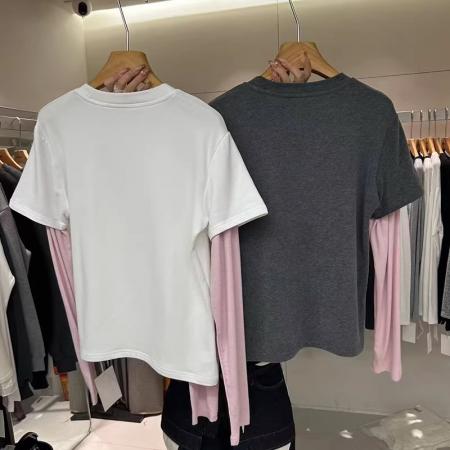 FA54436# 东大门春季钉扣子小马刺绣拼接长袖假两件T恤女欧货精致上衣  服裝批發女裝批發服飾貨源