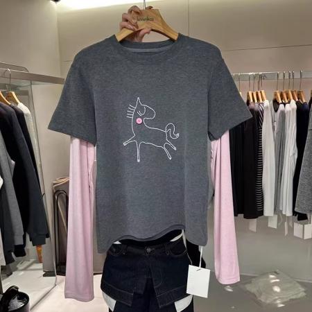 FA54436# 东大门春季钉扣子小马刺绣拼接长袖假两件T恤女欧货精致上衣  服裝批發女裝批發服飾貨源