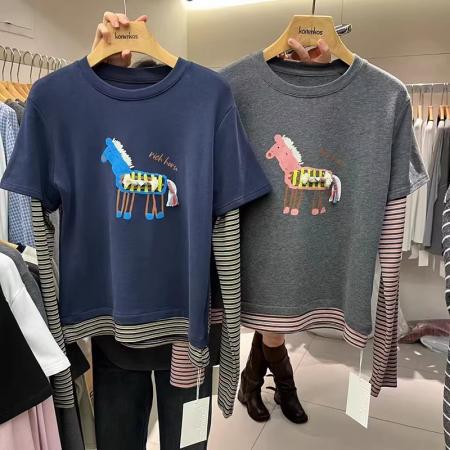 FA54437# 春季新款立体小马印花拼接条纹长袖百搭假两件磨毛T恤女潮  服裝批發女裝批發服飾貨源