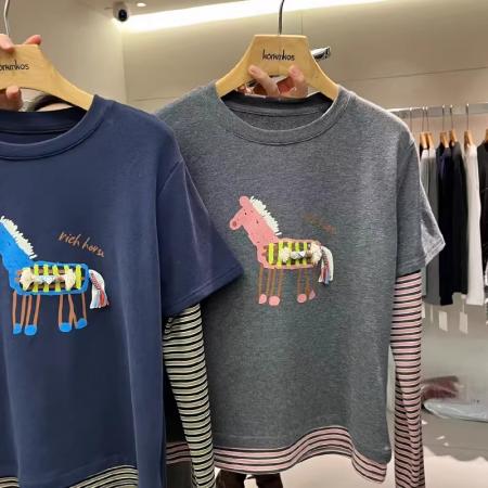 FA54437# 春季新款立体小马印花拼接条纹长袖百搭假两件磨毛T恤女潮  服裝批發女裝批發服飾貨源