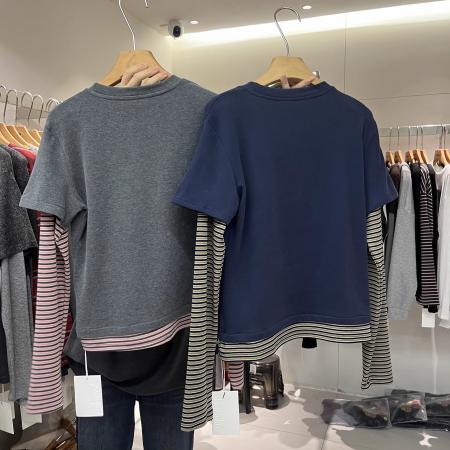 FA54437# 春季新款立体小马印花拼接条纹长袖百搭假两件磨毛T恤女潮  服裝批發女裝批發服飾貨源