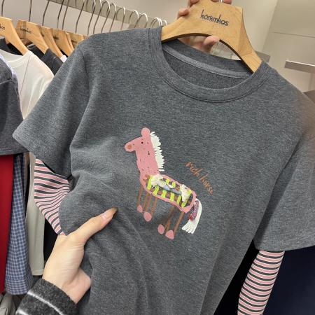 FA54437# 春季新款立体小马印花拼接条纹长袖百搭假两件磨毛T恤女潮  服裝批發女裝批發服飾貨源