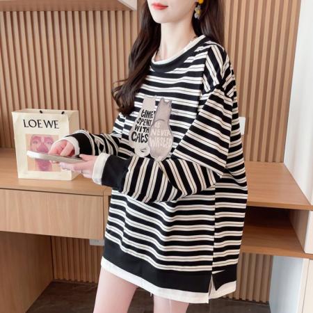 FA54439# 双纱色织条+包领韩版时尚条纹假两件卫衣春秋装上衣女大码  服裝批發女裝批發服飾貨源