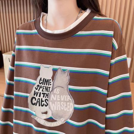 FA54439# 双纱色织条+包领韩版时尚条纹假两件卫衣春秋装上衣女大码  服裝批發女裝批發服飾貨源