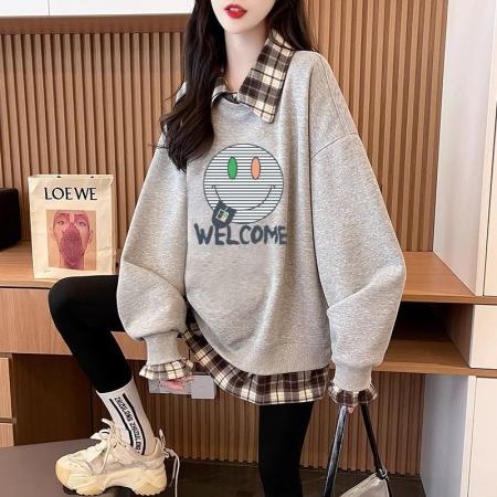 FA54440# 华棉复后包领韩版格子拼接印花卫衣春装上衣女大码  服裝批發女裝批發服飾貨源