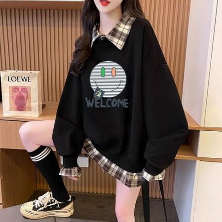 FA54440# 华棉复后包领韩版格子拼接印花卫衣春装上衣女大码  服裝批發女裝批發服飾貨源