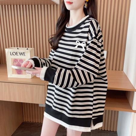 FA54441# 双纱色织条+包领韩版时尚条纹假两件卫衣春秋装上衣女大码  服裝批發女裝批發服飾貨源