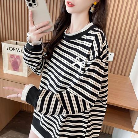 FA54441# 双纱色织条+包领韩版时尚条纹假两件卫衣春秋装上衣女大码  服裝批發女裝批發服飾貨源