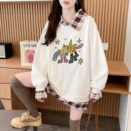 FA54442# 华棉复后包领韩版格子拼接印花卫衣春装上衣女大码  服裝批發女裝批發服飾貨源