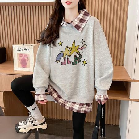 FA54442# 华棉复后包领韩版格子拼接印花卫衣春装上衣女大码  服裝批發女裝批發服飾貨源