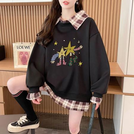 FA54442# 华棉复后包领韩版格子拼接印花卫衣春装上衣女大码  服裝批發女裝批發服飾貨源