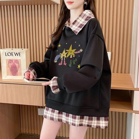 FA54442# 华棉复后包领韩版格子拼接印花卫衣春装上衣女大码  服裝批發女裝批發服飾貨源