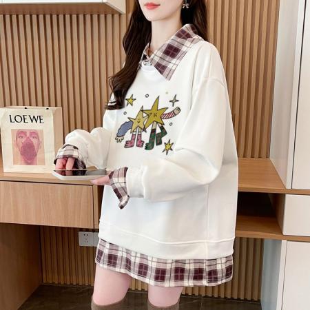 FA54442# 华棉复后包领韩版格子拼接印花卫衣春装上衣女大码  服裝批發女裝批發服飾貨源