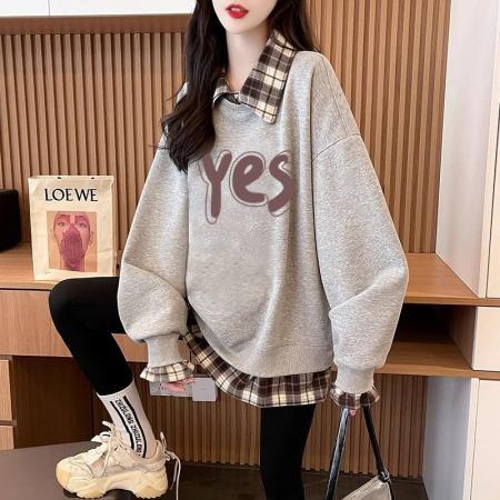 FA54443# 华棉复后包领韩版格子拼接印花卫衣春装上衣女大码  服裝批發女裝批發服飾貨源