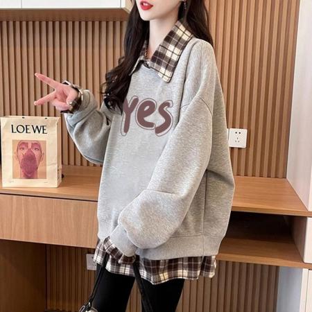 FA54443# 华棉复后包领韩版格子拼接印花卫衣春装上衣女大码  服裝批發女裝批發服飾貨源